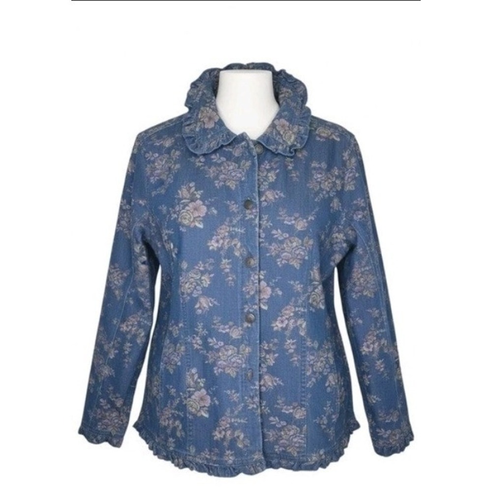 Vintage Denim & Co Boho‎ Floral Cottage Core Ruffle Denim Button Front Jacket M